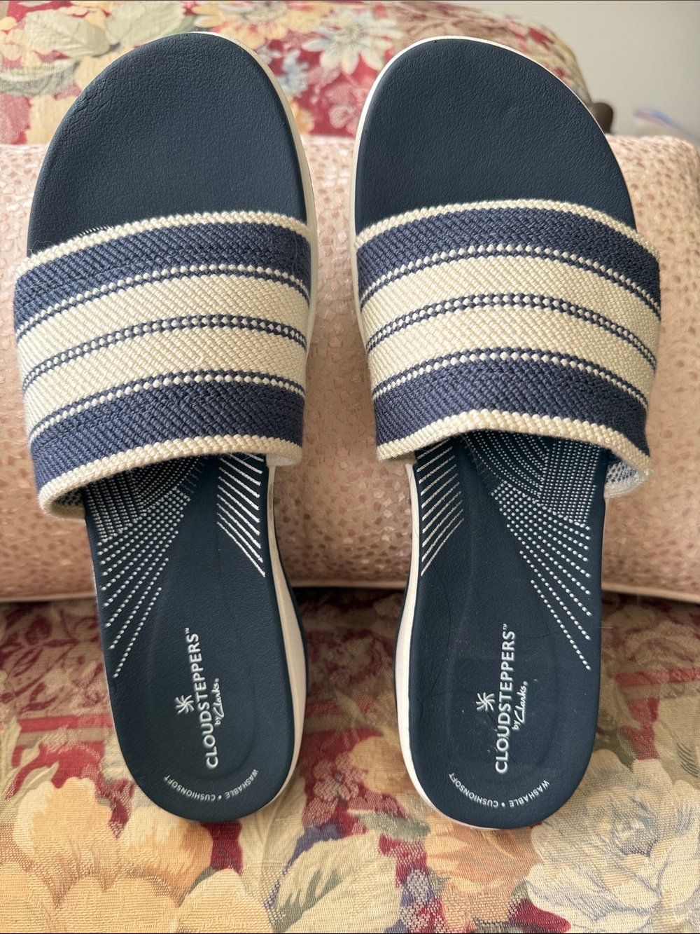 Cloudsteppers by Clarks Navy and Cream Striped Slide Sandals